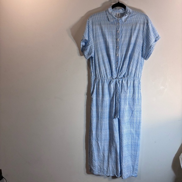 Smash + Tess SZ M Searsucker Light Blue Jumpsuit Tie Waist Wide Leg Pockets - Picture 3 of 11